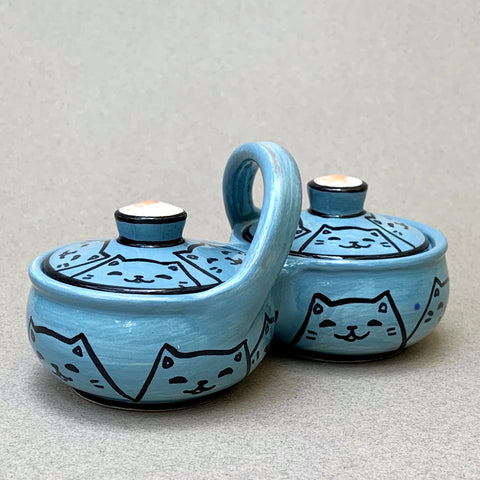 Medium Blue Cats Lidded Pot